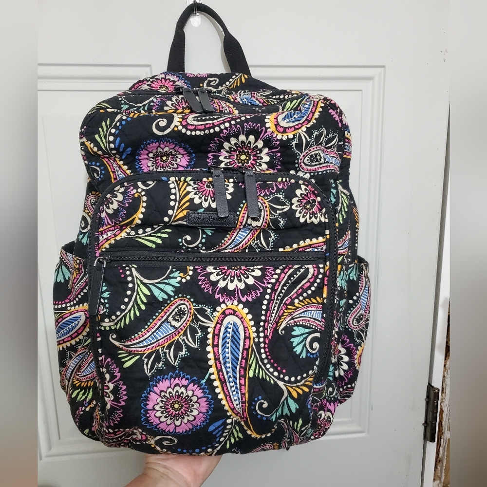 Vera Bradley Black bandanna Large Backpack Book Bag Colorful Paisley 17"x12"x7"